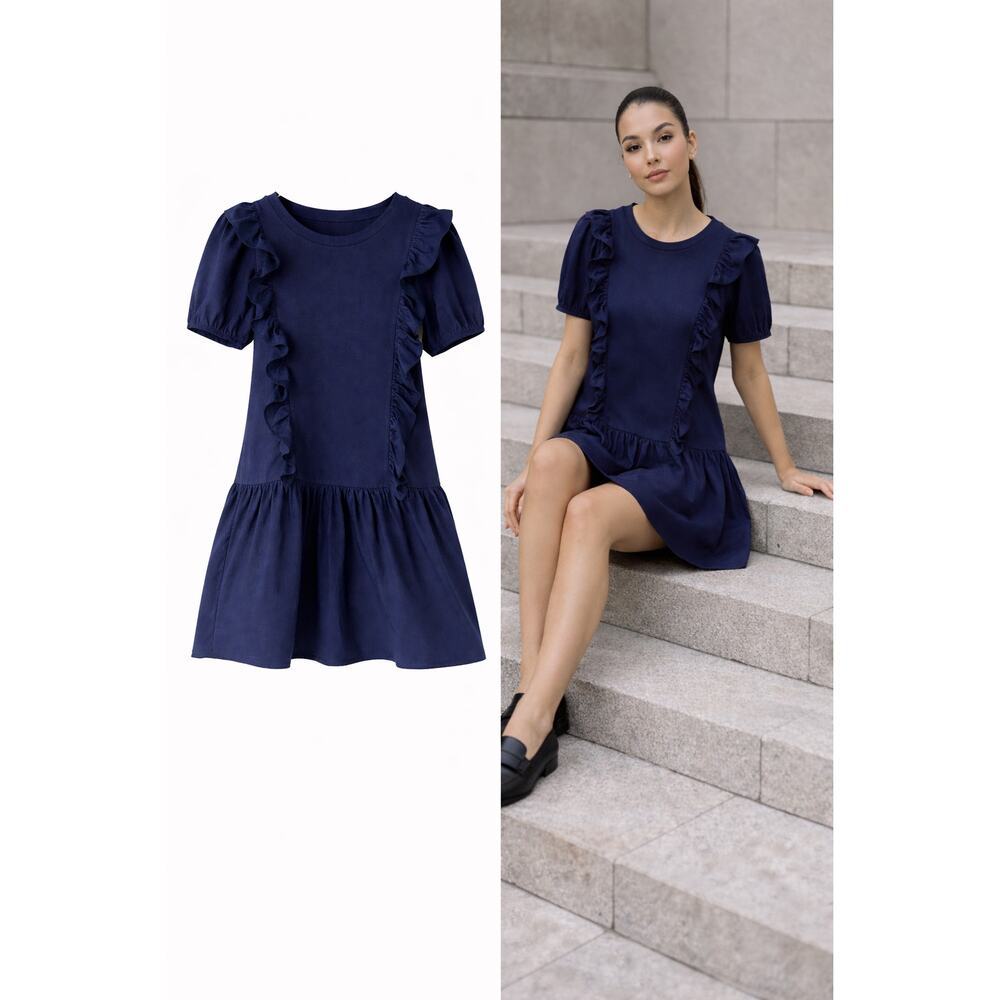 Day + Moon Navy Puff Sleeve Ruffle Babydoll Mini Dress Large